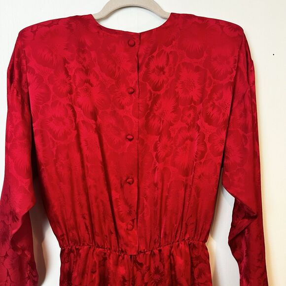 Vintage Maggy London Red Silk Floral Dress 90s Tie Front Sz 10 - Picture 6 of 11